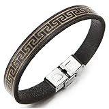 COOLSTEELANDBEYOND Herren Damen Vintage Schwarz Braun Griechischen Schlüsselmuster Leder Armband Armreif, Edelstahl Schließe