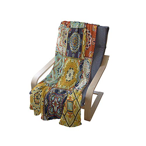 Lunarable Vintage Print Throw Blanket, Ethnic Turkish Inspired Colorful And Patchwork Pattern Ornamental Squares, Flannel Fleece Accent Piece Soft Couch Cover For Adults, 50" X 70", Orange Mustard #TOP3