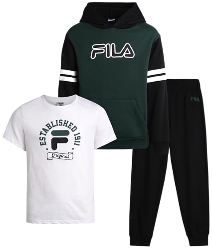 Fila Conjunto deportivo para niño, 3 piezas, sudadera con capucha de rendimiento, pantalones deportivos, camiseta, conjunto de ropa deportiva (8-12), Verde, 12