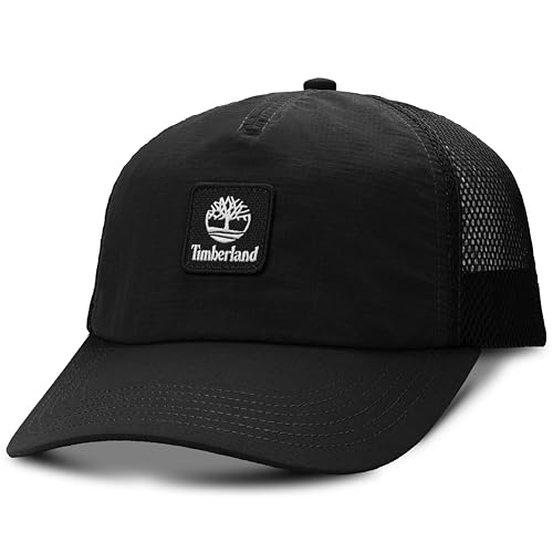 Timberland Trucker Hat for Men Soft Structured Nylon Baseball Cap Adjustable Mesh Back Curved Brim Breathable & Lightweight One Size Black