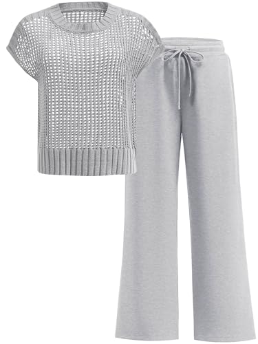 OUKODS Women Two Piece Outfits Crochet Sheer Knit Sweater Top Wide Leg Pants Lounge Matching Sets Sweatsuit Travel Clothes