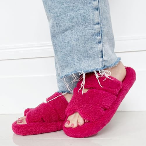 TRENDSUP Open Toe Slippers for Women, Adjustable, Memory Foam, Fuzzy Fur Lining, Non Slip Sole2