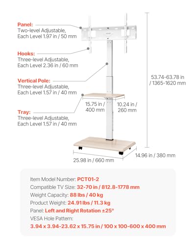 VEVOR rollbarer TV-Ständer Fernsehständer für 812,8-1778 mm TVs bis zu 40 kg, 25° Links-Rechts-Drehung & höhenverstellbare TV-Halterung mit Ablage für Schlafzimmer Wohnzimmer (max. 600 x 400 mm) – Bild 8