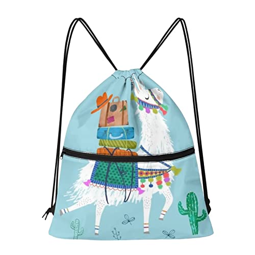 Binienty Mochila de hombro con cordón de moda con bolsillo frontal de malla con cremallera, Llama-2 Cover