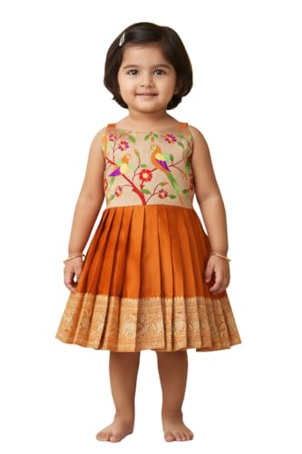 Image of South Indian Traditional Pattu Pavadai Jacquard Frock Dress for Baby Girls