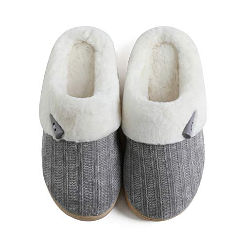 DRSLPAR Women's Furry House Slippers Comfy Memory Foam Bedroom Shoes Rubber Hard Sole Indoor Outdoor Faux Fur Lined(11-12US,Gray)
