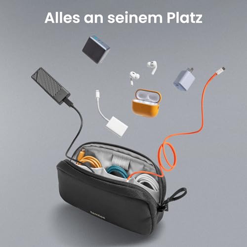 tomtoc Elektronik Organizer Tasche, Wasserresistent EDC Zubehör Kabeltasche, Tragbar Kabelorganizer Tech Pouch Bag für Handy Netzteil, Ladekabel, Ladestecker, Powerbank, Festplatte, Schwarz