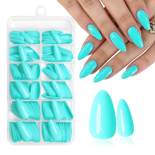 AddFavor Turquoise Press on Nails Almond Fake Nails, 240pcs Almond Press on Nails Medium Arylic Nails Press ons Full Cover Glue on Nail with Adhesive Tabs for Women