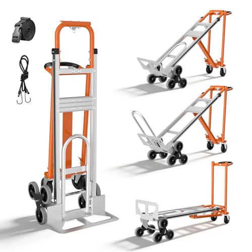 Aluminum 4 in 1 Convertible Hand Truck Dolly Cart with Wheels, 1000Lbs Capacity, Heavy Duty Stair Climbing Hand Trucks with Bungee Cord&Strap for Flat Ground & Stairs, Logistics, Home, Office, Orange