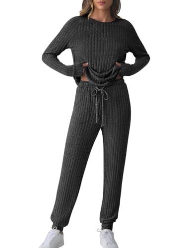 JUSTFASHIONNOW Womens Ribbed Knit Lounge Set 2 Piece Outfits Long Sleeve Pajama Set Loungewear Jogging Sweatsuits2