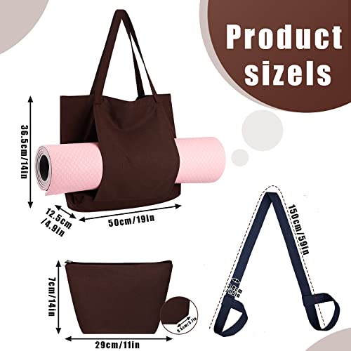 3 Pcs Yoga Bags Set For Women Including 1 Cotton Yoga Tote Bags With Yoga Mat Carrier Pocket 1 Zipper Makeup Bag Cosmetic Pouch 1 Slim Yoga Mat Straps Yoga Mat Carrier For Yoga Travel Office (Brown) #TOP1