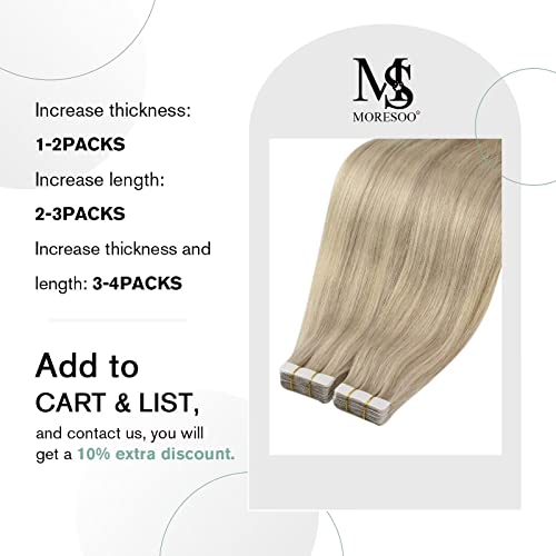 Moresoo Tape In Extensions Human Hair Seamless Hair Extensions Tape In Real Human Hair Ash Blonde Mix With Bleach Blonde Tape In Human Hair Extensions Highlighted Tape Ins 22 Inch #P18/613 20Pcs 50G #TOP5