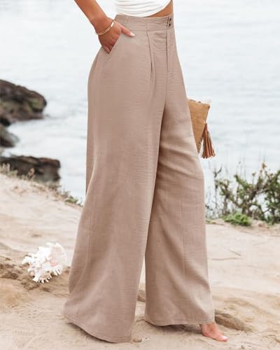Smoneyful Womens Casual Pants High Elastic Waisted Wide Leg Linen for Palazzo Boho Flowy, Long Trousers for Work or Lounge2
