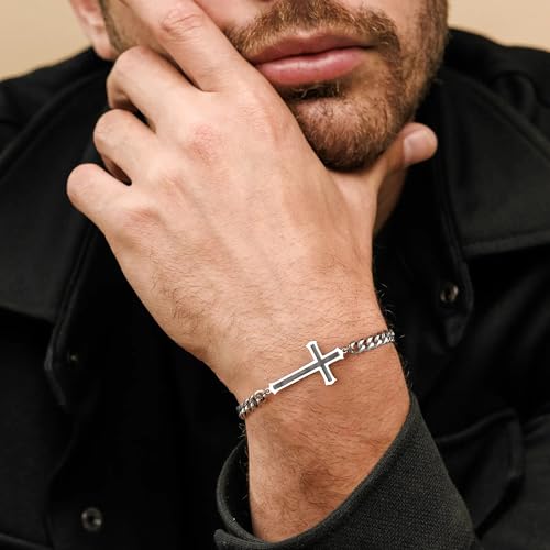 Silver Cross Bracelet for Men Teens, Stainless Steel Cuban/Figaro Cross Chain Link Bracelet 5mm 7+2 Inches, Christian Religious Jesus Confirmation Jewelry Gifts for Him3