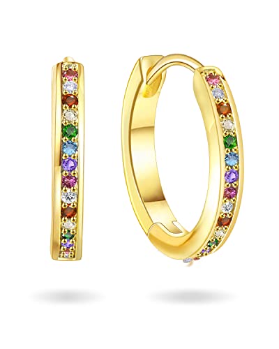 JG 14k Gold Huggie Hoop Earrings Rainbow Cubic Zirconia Hypoallergenic Lightweight 14k Gold Huggie Earrings(EA7654)