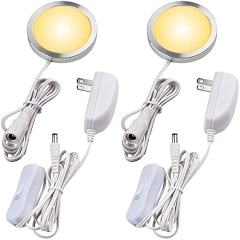 Lvyinyin Single LED Kitchen Under Cabinet Puck Light, 120V Direct Wall Plug in Closet Cupboard Night Light, Easy to Mount, Inline On Off Switch, White Wires, 2 Packs, Warm White Cover