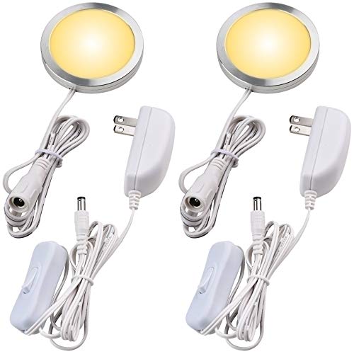 Lvyinyin Single LED Kitchen Under Cabinet Puck Light, 120V Direct Wall Plug in Closet Cupboard Night Light, Easy to Mount, Inline On Off Switch, White Wires, 2 Packs, Warm White by Lvyinyin - Used condition - US$18.73