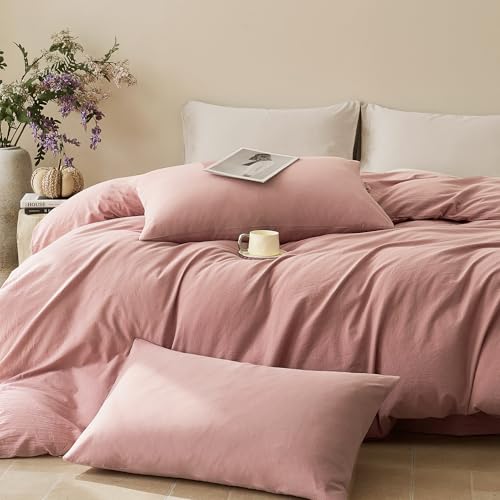 JELLYMONI Duvet Cover Twin Size - Washed Cotton Comforter Cover with Linen-Like Texture,Breathable & Soft Bedding for Modern Home,Guest Room and Everyday Use,Darker Rose 1 Duvet Cover & 1 Pillowcase by JELLYMONI - Image 2