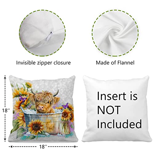 Baby Highland Cow In A Bucket Sunflowers Floral Throw Pillow Cover 18"X18",Farmhouse Summer Sunflowers Floral Decorative Cushion Cover For Home Girls Room Living Room,Gifts For Cow Lovers Women Girls #TOP3