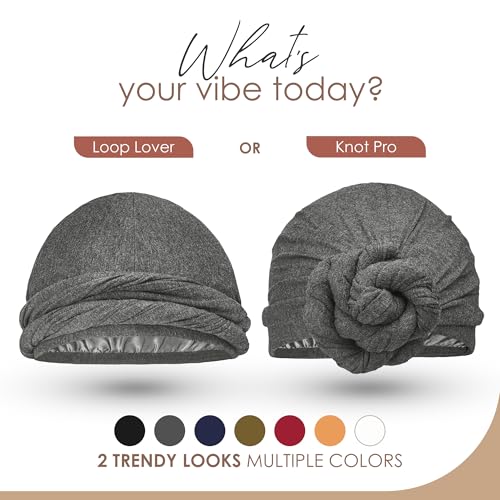 CAPLORD Silk Satin Lined Halo Turban Head Wrap Pre-Tied Skull Cap for Men and Women Sleeping Bonnet Curly Hair Cover Chemo Hair Loss Hat Wave Cap Sleep Turbans Dark Gray