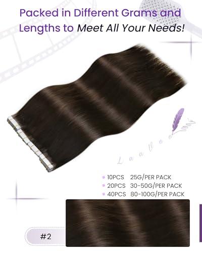 Image of LaaVoo Tape in Hair Extensions Human Hair Silky Add Volume for Short Hair | Tape in Extensions Human Hair, Fully Invisible, Reusable Hair, Better Long Term Value, #2 Darkest Brown, 10 Inch 20Pcs 30G