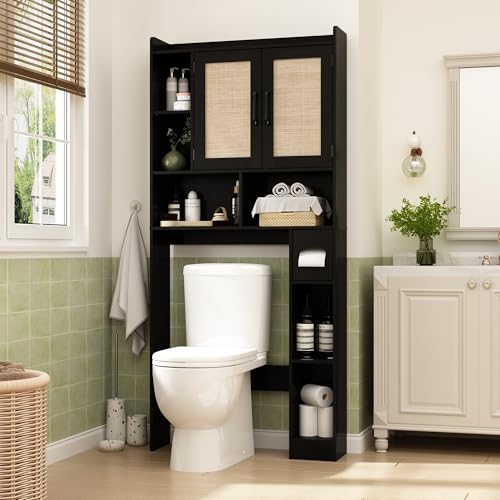 RUSTOWN Rattan Over The Toilet Storage Cabinet, Boho Over Toilet Bathroom Organizer with 2 Doors & Adjustable Shelves, Modern Above Toilet Rack with Toilet Paper Holder for Bathroom, Laundry(Black) by RUSTOWN - Used condition - US$115.82