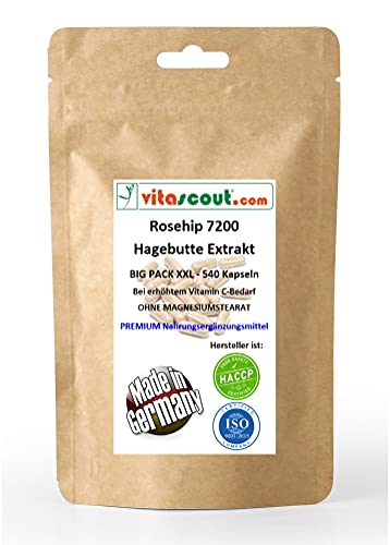 Rosehip/Hagebutte Extrakt 7200 II 540 Kapseln - MADE IN GERMANY - OHNE MAGNESIUMSTEARAT - PREMIUMQUALITÄT von VITASCOUT®