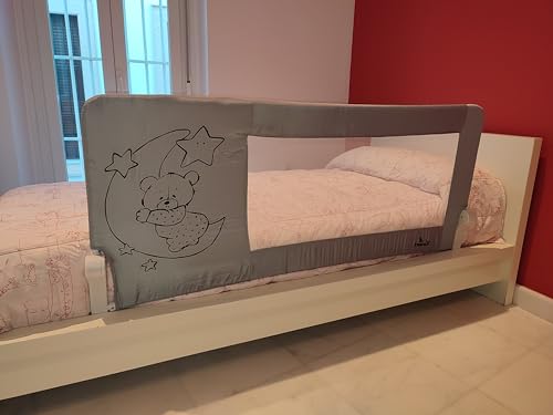 Mundibebé Barrera Seguridad Niños Cama 150 x 66 cm   Seguridad y Comodidad, Alta y Robusta   Barrera Cama Niños Abatible   Barandilla Cama Niño Modelo Osito y Luna Gris