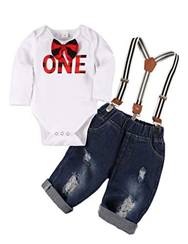 Toddler Baby Boy Clothes Set Bow Ties for Infants Boys Romper Suspenders Ripped Denim Pants Outfits Set 2pcs(12-18M) White