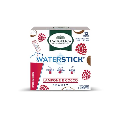 Angelica Waterstick, Raspberry and Coconut Flavor, Beauty, With Vitamins and Minerals, Against Tiredness and Fatigue, Zero Sugars and Zero Calories, No Preservatives, 1 Case of 12 Sticks