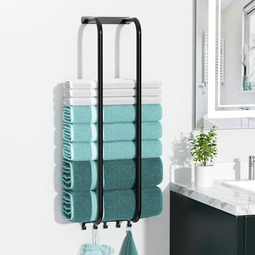 Towel Rack Bathroom Wall Holder: 27.9 Inch Wall Mounted Shower Organizer, for Rolled Towel Storage, 2 Metal Racks Plus Extra 5 Hooks, for Modern Small Space Bathroom RV Campers (Matte Black) - Image 6