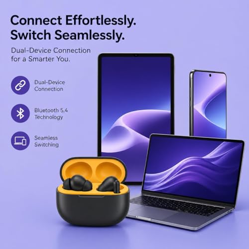 Image of Lynacz Original TWS Earbuds T200 Lite Compatible with Vivo, Realme, Samsung, iQOO with Hi-Res Audio, 12.4mm Dynamic Bass Drivers, 32dB ANC & 48 Hours Playback for Mobile, Laptop, SmartTV, (Black)