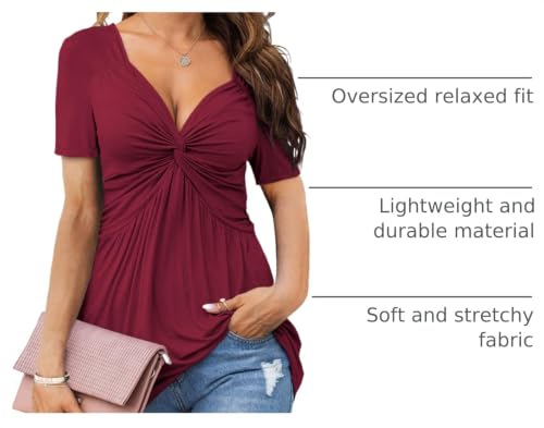Image of Tankaneo Womens Front Knotted V-Neck Blouse T Shirt Short Sleeve Oversized Tunic Tops Summer Solid Pullover Tees