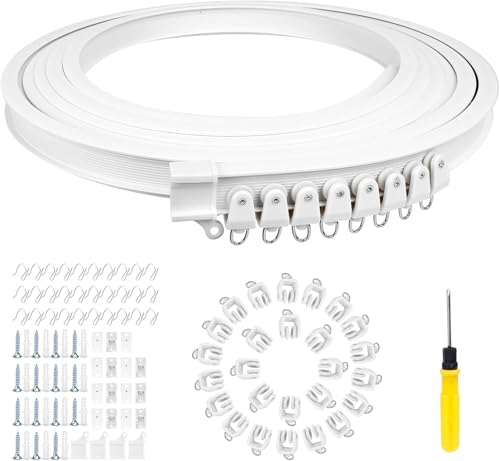 Materiali robusti : il binario curvo tenda soffitto è realizzata in PVC all'esterno e in acciaio dolce all'interno, la cui combinazione rende il supporto forte, resistente e flessibile, con una capacità sufficiente a sopportare il peso di tende in tessuto spesso, e può piegarsi alla maggior parte degli angoli senza rompersi.