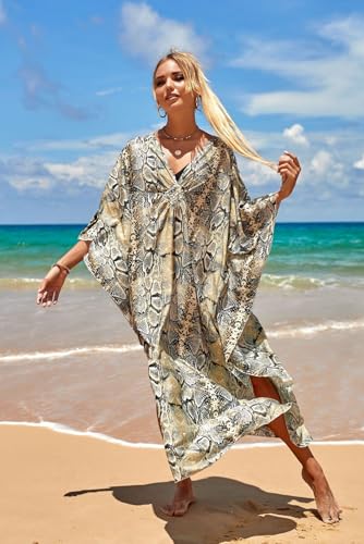 Image of IMAGEKOPE Women's Plus Size Animal Print V-Neck Batwing Kaftan Beach Dress Bathing Suit Cover-Up Loungewear