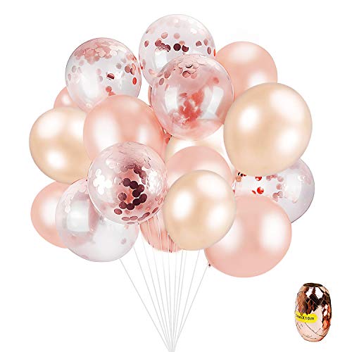 100 Pcs Rose Gold Balloons Set Including 35 Pcs Rose Gold Latex Balloons,35 Pcs Champagne Gold Latex Balloons,30 Pcs Confetti Balloons and 1 Roll Balloon Ribbon for Birthday Wedding Party Decorations