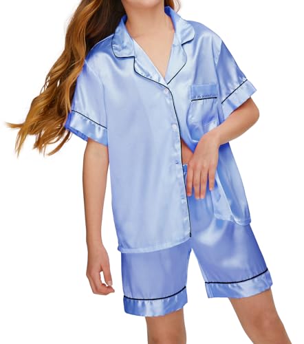 SEALINF Satin Girl Pajama Set Silk Pajamas for Girls With Eyemask 2 Pcs Button-up Sleepwear Kid Pjs Nightwear2