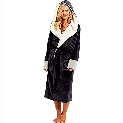 Robe De Chambre Femme Polaire Longue Grande Taille Ultra Doux Confortable Peignoir Femme A Capuche Eponge Peluche (Noir,S)