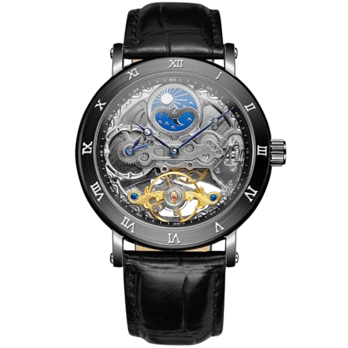 Image of FORSINING Men's Self Winding Automatic Watch Tourbillon Analog Skeleton Movement Moon Phase Wrist Watch with Genuine Leather Strap