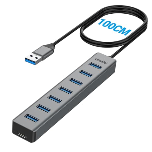 Hub USB 3.0 a 7 porte con cavo da 100 cm, hub USB in alluminio con multiplo USB 3.0 5 Gbps dati e 5 V/3 V Type-C, splitter USB multiplo per PC portatile