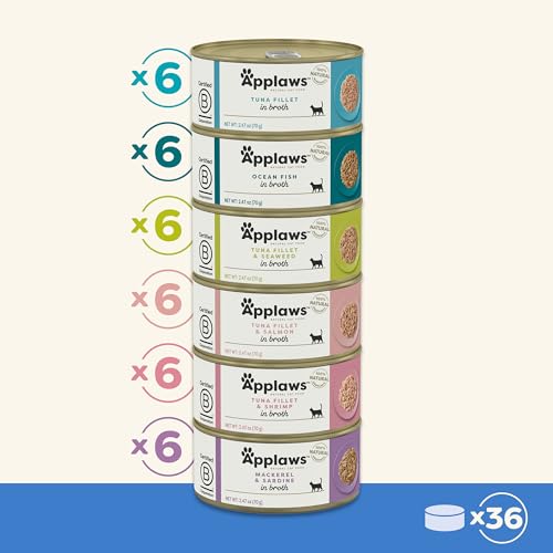 Image of Applaws Fish Variety in Broth Wet Cat Food, 6-Flavor 36-Pack 2.47 oz Cans | 100% Natural, High Quality Ingredients, High Protein, No Artificial Additives, Limited Ingredients