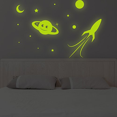 (140x 95cm) Glowing Vinyl Wand Aufkleber Planet, Rocket, Sterne/Glow in the Dark Aufkleber/& # x421; rescent Leuchtziffern Wandbild Kids, Baby Raum + Gratis Aufkleber Geschenk macht.