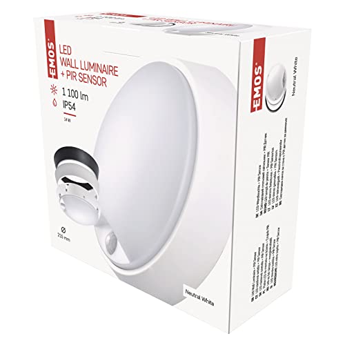 Emos Applique murale et plafonnier LED avec détecteur de mouvement rond IP54 étanche 14 W pour balcon, cave, garage, extérieur, 1000 lm, blanc neutre 4000 K, Ø21,5 cm, ZM3231, 21,5 cm