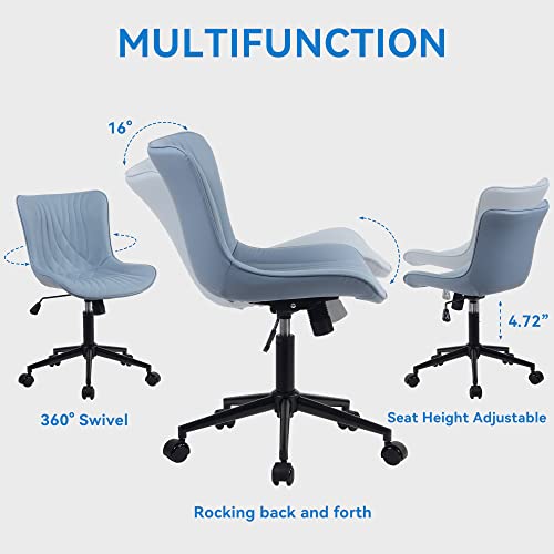 Image of YOUNIKE Office Chair, Adjustable Swivel Armless Desk Chair with Wheels, Aesthetic Home Office Computer Task Chairs, Modern Faux Leather Upholstered Vanity Chair with Back, Blue