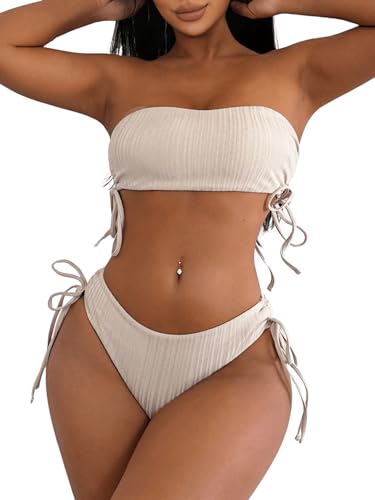 GORGLITTER Bandeau Bikini Damen Set Bikini High Waist Trägerlos Bikini Mit Kordelzug Bikini Set Einfarbig Zweiteiler Badeanzug Bademode Swimsuit Herzförmiger Ausschnitt-Beige L