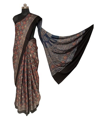 Image of Ethnics of Kutch Womenss Ajrakh Modal Silk Natural Dye Hand Block Print Saree with Blouse Piece - 5.5 Mtr Length