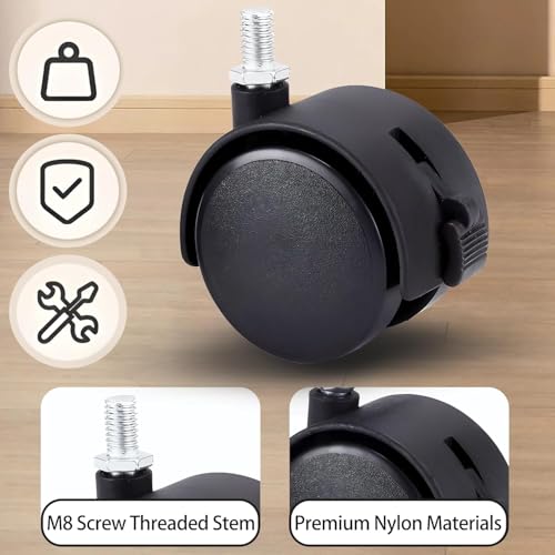 YelaJoy 2 Inch M8 Threaded Stem Casters with Brakes, Heavy Duty Black Nylon Swivel Furniture Casters Set of 8 for Cart, Cabinet, Shelf (With Brakes)