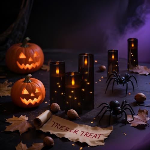 Image of Raycare Flameless Candle with Remote Timer - 5 Flickering Acrylic Battery Operated LED Pillar Candles with Embedded Star String for Halloween, Home Decor, and as a Gift(Black)