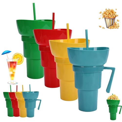 DFGWETYH Snack and Drink Cup Combo Cup, Bowl and Drink Cups Combo, Cup with Snack Bowl on Top, Large Opening Easy to Use for Home Office Stadium Travel Camping Picnic，BLUE，4PC
