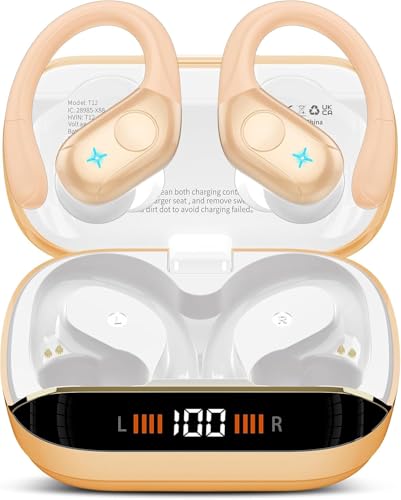 Image of Qecnato Wireless Earbuds Bluetooth 5.4 Headphones, Stereo Deep Bass Over Ear Buds with Earhooks, Bluetooth Earbuds with 4 ENC Mic, IP7 Waterproof Earphone for Running Light Brown
